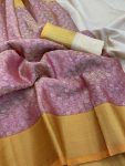 MODERN BANARASI HANDLOOM GOLDEN TISSUE SILK  LUCKNOWI WORK SAREE WITH UNSTITCHED BLOUSE PINK