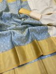 MODERN BANARASI HANDLOOM GOLDEN TISSUE SILK  LUCKNOWI WORK SAREE WITH UNSTITCHED BLOUSE GREY