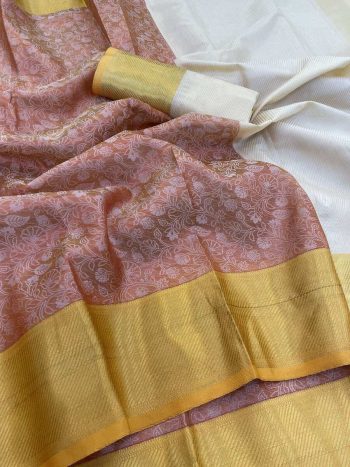 MODERN BANARASI HANDLOOM GOLDEN TISSUE SILK  LUCKNOWI WORK SAREE WITH UNSTITCHED BLOUSE PEACH