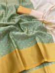 MODERN BANARASI HANDLOOM GOLDEN TISSUE SILK LUCKNOWI WORK SAREE WITH UNSTITCHED BLOUSE PISTA