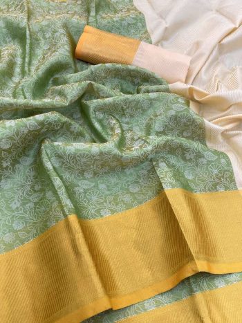 MODERN BANARASI HANDLOOM GOLDEN TISSUE SILK  LUCKNOWI WORK SAREE WITH UNSTITCHED BLOUSE PISTA