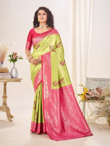 MODERN BANARASI LICHI SILK WEAVING WORK SAREE WITH UNSTITCHED BLOUSE PARROT GREEN