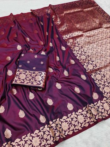 MODERN BANARASI SILK DESIGNER ZARI WEAVING WORK SAREE WITH UNSTITCHED BLOUSE WINE
