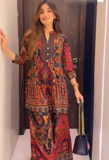 MODERN BANARASI SILK DIGITAL PRINTED WITH FANCY NECK CO-ORD SET BROWN