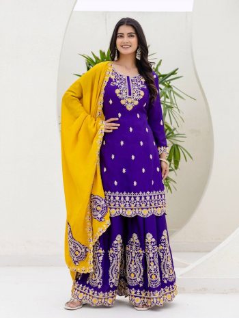 MODERN CHINON EMBROIDERY SEQUENCE CODING DESIGN WORK TOP PALAZZO WITH DUPATTA PURPLE
