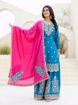 MODERN CHINON EMBROIDERY SEQUENCE CODING DESIGN WORK TOP PALAZZO WITH DUPATTA BLUE