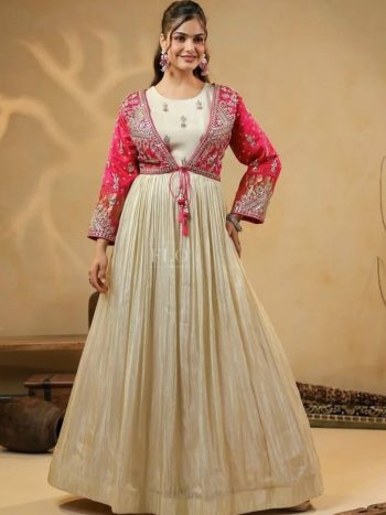 MODERN CHINON EMBROIDERY WORK GOWN KOTI WITH DUPATTA LEMON
