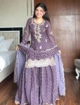 MODERN CHINON PRINT WITH EMBROIDERY AND DIAMOND WORK TOP SHARARA WITH DUPATTA PURPLE