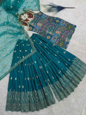 MODERN CHINON SILK FANCY DIGITAL PRINT WITH REAL MIRROR AND STONE HAND WORK TOP PALAZZO WITH DUPATTA RAMA