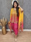 MODERN CHINON SILK ORIGINAL MIRROR, STONE, MOTI & MULTI- SEQUENCE LACE WORK KAFTAN DHOTI SET RANI AND YELLOW
