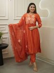 MODERN CHINON SILK SEQUENCE EMBROIDERY WORK TOP BOTTOM WITH DUPATTA ORANGE