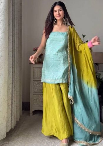 MODERN CHINON SILK SEQUENCE WITH THREAD WORK TOP PALAZZO WITH DUPATTA RAMA AND PARROT GREEN