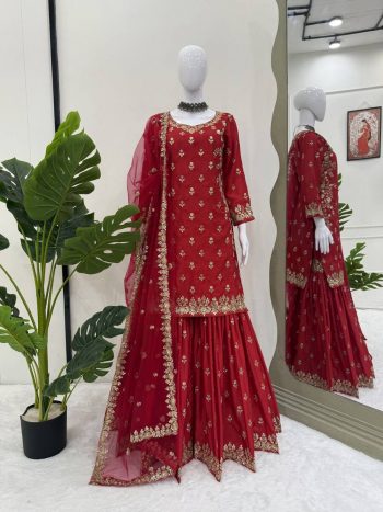 MODERN CHINON SILK THREAD WITH SEQUENCE WORK TOP SHARARA WITH DUPATTA RED
