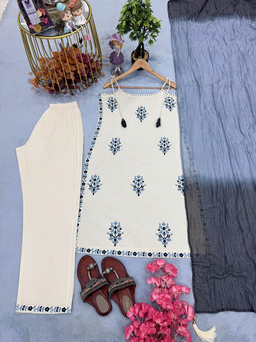 MODERN COTTON EMBROIDERY WORK WITH RIVET MOTI WORK TOP BOTTOM WITH DUPATTA FORMAL WEAR WHOLESALE PRICE ETHNIC GARMENT (8)