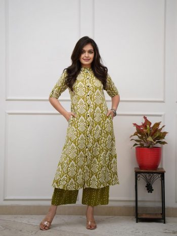 MODERN COTTON PRINTED WORK TOP PENT SET GREEN