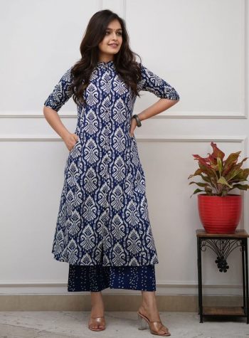 MODERN COTTON PRINTED WORK TOP PENT SET BLUE