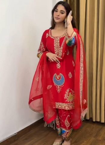 MODERN CREPE SILK SEQUENCE EMBROIDERY WORK TOP BOTTOM WITH DUPATTA RED
