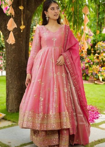 MODERN CRUNCHY SILK EMBROIDERY SEQUENCE WORK GOWN PALAZZO WITH DUPATTA  PINK