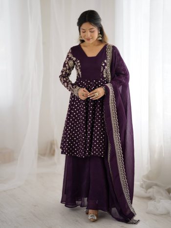 MODERN CRUNCHY SILK EMBROIDERY SEQUENCE WORK TOP PALAZZO WITH DUPATTA WINE