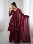MODERN CRUNCHY SILK EMBROIDERY SEQUENCE WORK TOP PALAZZO WITH DUPATTA MAROON
