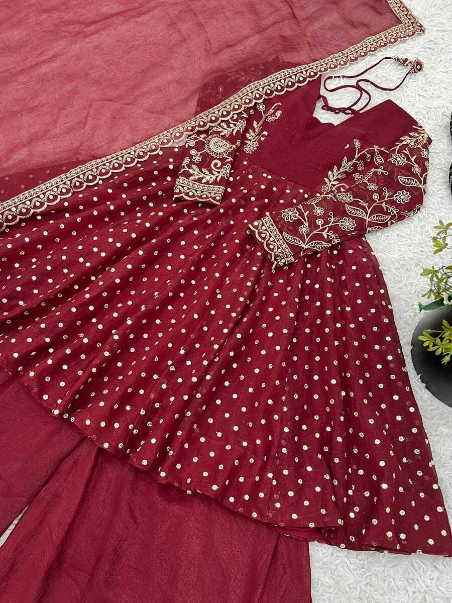 MODERN CRUNCHY SILK EMBROIDERY SEQUENCE WORK TOP PALAZZO WITH DUPATTA PARTY WEAR WHOLESALE PRICE ETHNIC GARMENT (5)