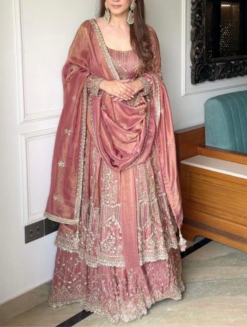 MODERN CRUNCHY SILK EMBROIDERY SEQUENCE WORK TOP PALAZZO WITH DUPATTA PEACH