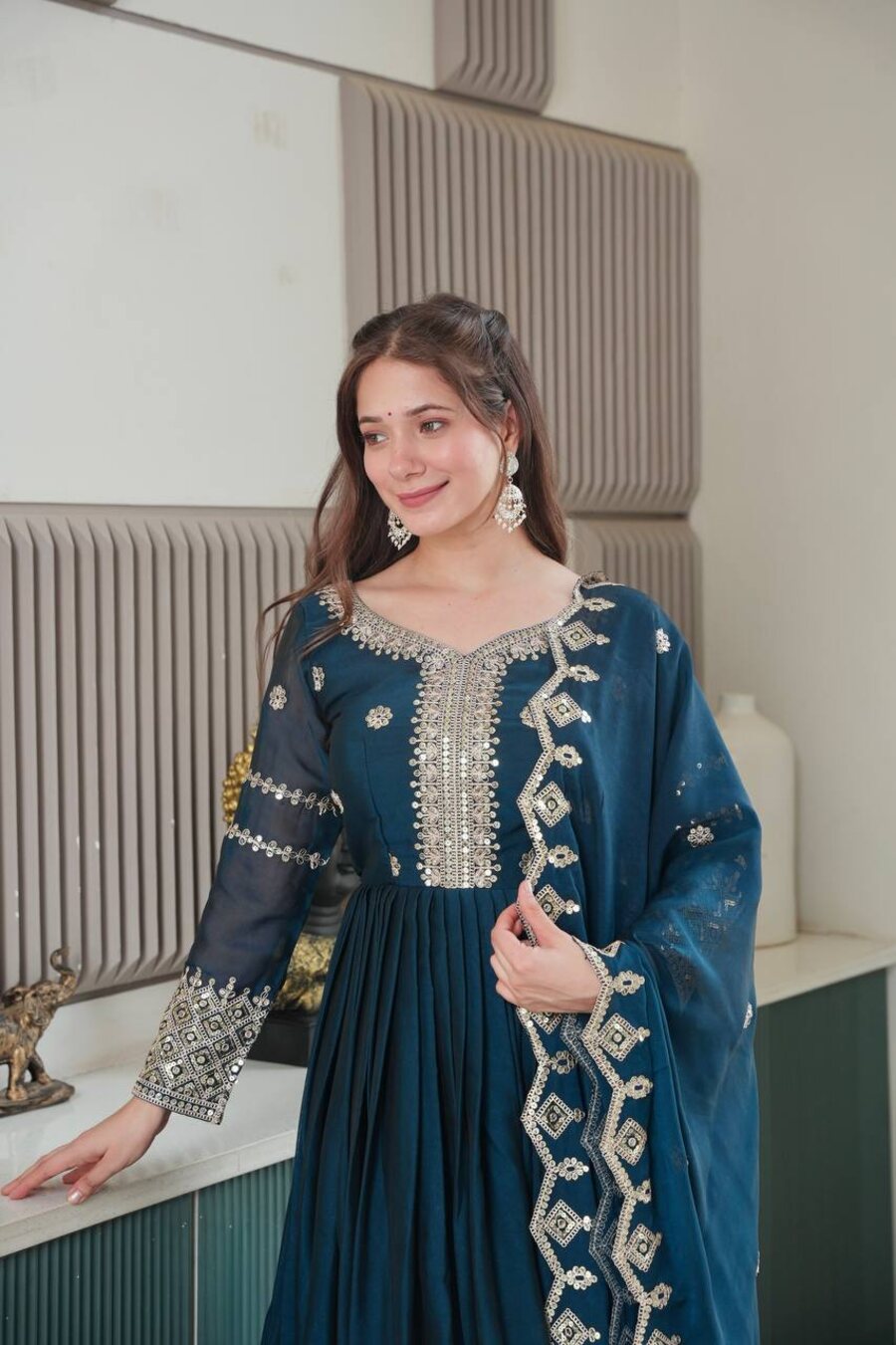 MODERN CRUSH SILK EMBROIDERY CODING & SEQUENCE WORK GOWN WITH DUPATTA PARTY WEAR WHOLESALE PRICE ETHNIC GARMENT (10)