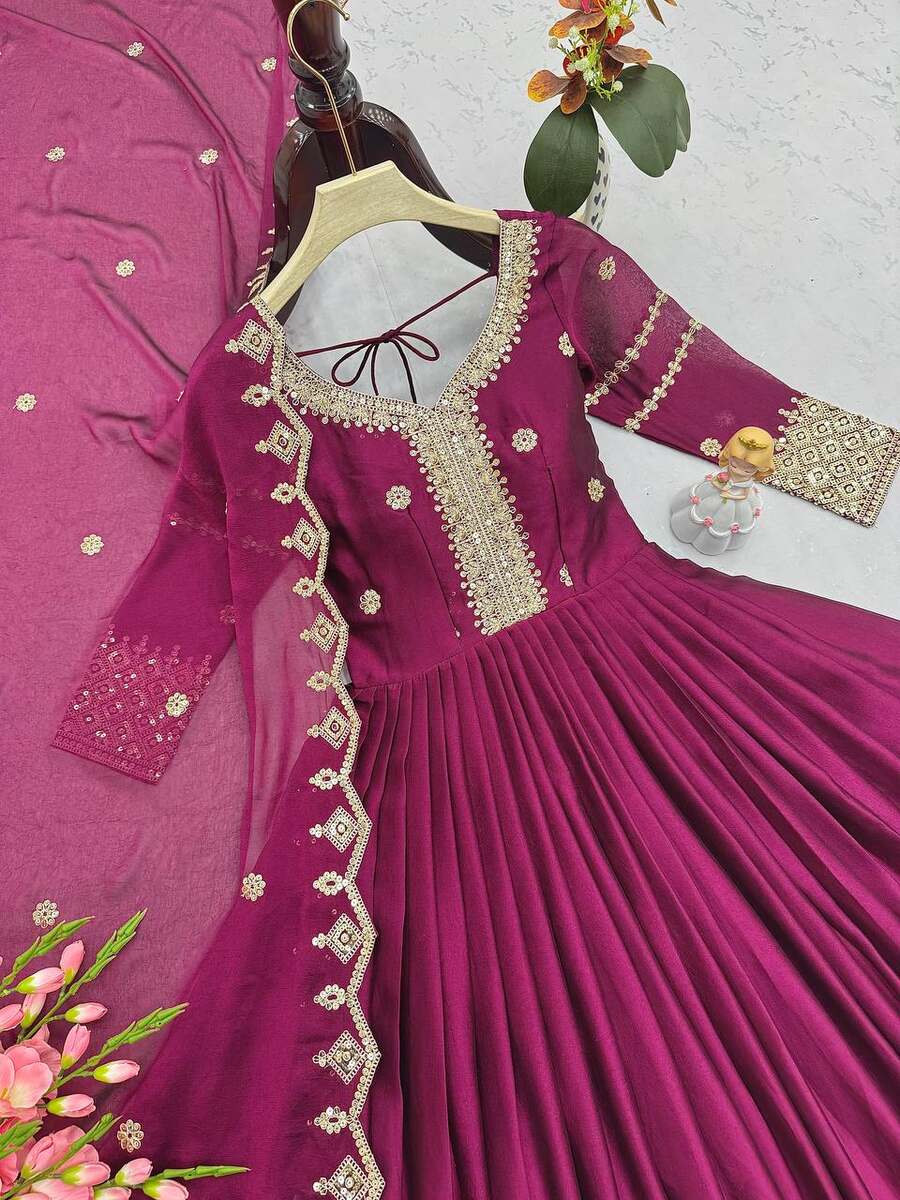 MODERN CRUSH SILK EMBROIDERY CODING & SEQUENCE WORK GOWN WITH DUPATTA PARTY WEAR WHOLESALE PRICE ETHNIC GARMENT (19)