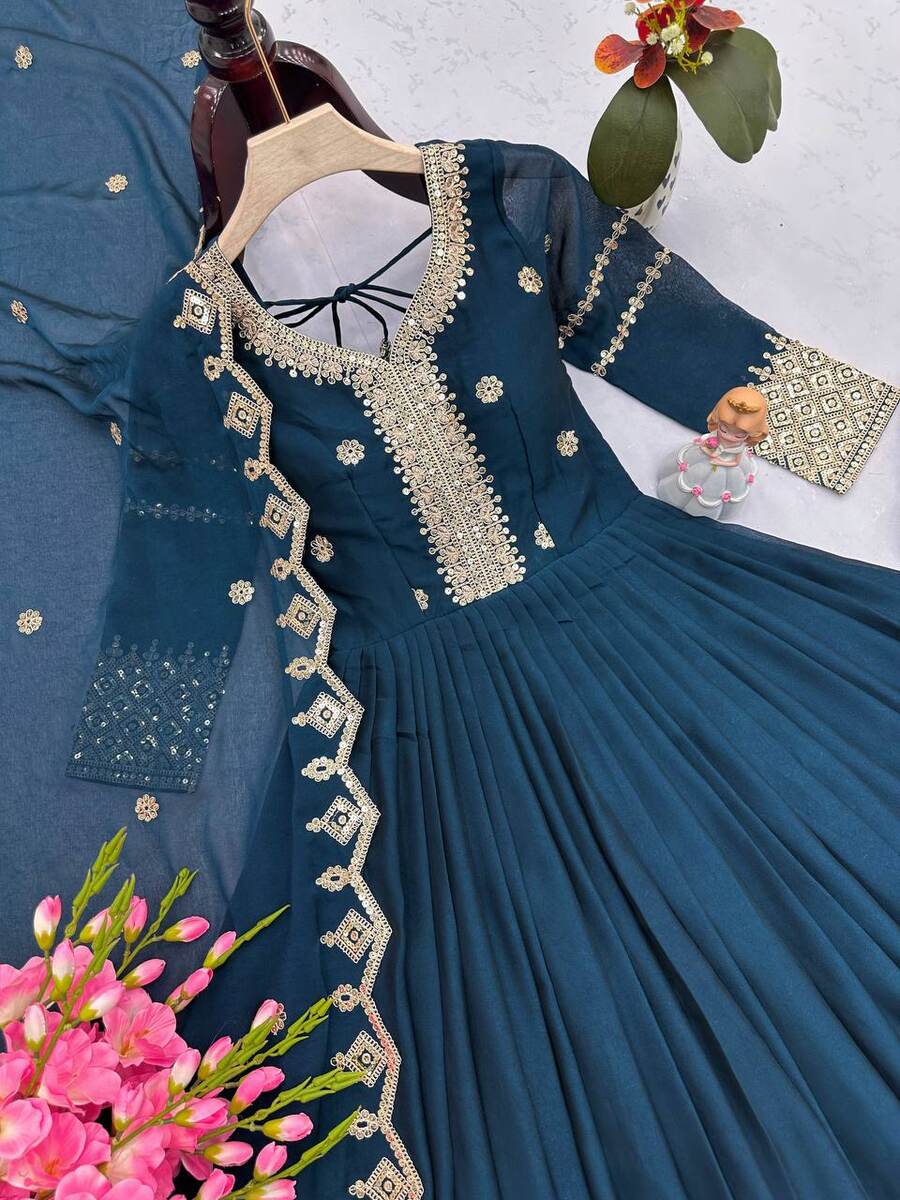 MODERN CRUSH SILK EMBROIDERY CODING & SEQUENCE WORK GOWN WITH DUPATTA PARTY WEAR WHOLESALE PRICE ETHNIC GARMENT (2)