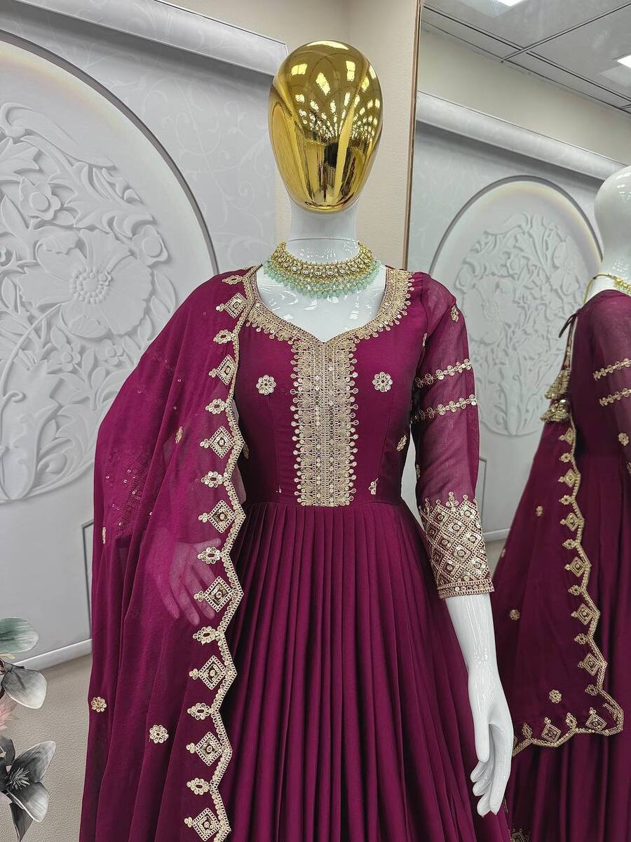 MODERN CRUSH SILK EMBROIDERY CODING & SEQUENCE WORK GOWN WITH DUPATTA PARTY WEAR WHOLESALE PRICE ETHNIC GARMENT (23)