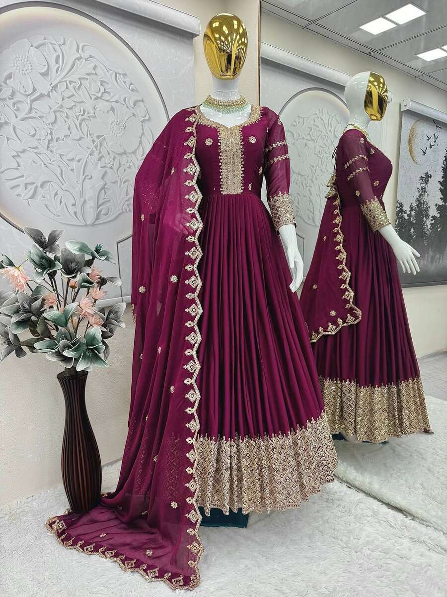 MODERN CRUSH SILK EMBROIDERY CODING & SEQUENCE WORK GOWN WITH DUPATTA PARTY WEAR WHOLESALE PRICE ETHNIC GARMENT (25)