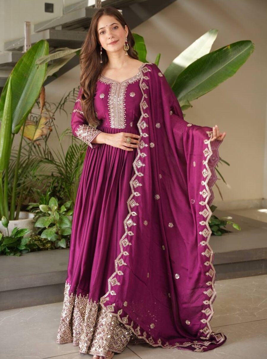 MODERN CRUSH SILK EMBROIDERY CODING & SEQUENCE WORK GOWN WITH DUPATTA PARTY WEAR WHOLESALE PRICE ETHNIC GARMENT (35)