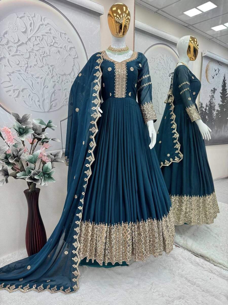 MODERN CRUSH SILK EMBROIDERY CODING & SEQUENCE WORK GOWN WITH DUPATTA PARTY WEAR WHOLESALE PRICE ETHNIC GARMENT (8)