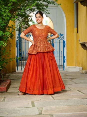 MODERN FENDY PLAIN LEHENGA WITH EMBROIDERY & SEQUENCE WORK TOP ORANGE