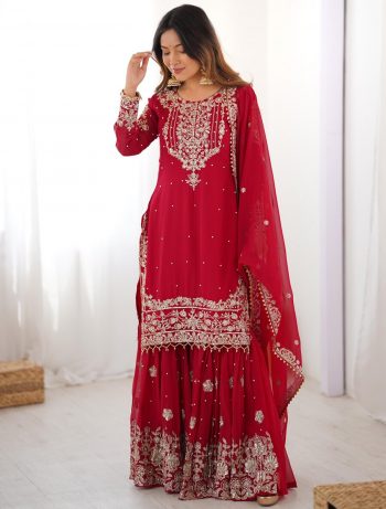 MODERN GEORGETTE CODING DORI EMBROIDERY WITH SEQUENCE & THREAD AND PEARL WORK TOP SHARARA WITH DUPATTA RED