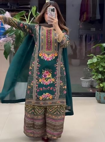 FASHIONABLE MUSLIN DIGITAL PRINT WITH REAL MIRROR WORK TOP PALAZZO WITH DUPATTA GREEN