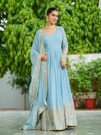 MODERN GEORGETTE EMBROIDERY WORK GOWN WITH DUPATTA SKY