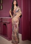 MODERN GEORGETTE PRINT , SEQUENCE WORK , HAND MIRROR WORK WITH LACE WORK SAREE WITH UNSTITCHED BLOUSE CREAM