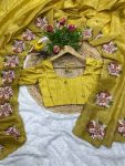 MODERN GOLD CRUSH MULTI COLOR THREAD WORK SAREE WITH UNSTITCHED BLOUSE YELLOW