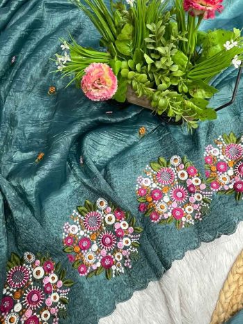 MODERN GOLD CRUSH MULTI COLOR THREAD WORK SAREE WITH UNSTITCHED BLOUSE BLUE