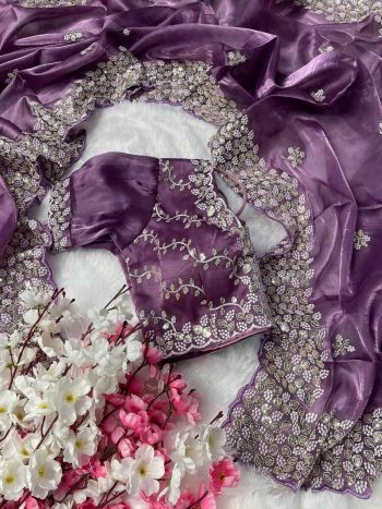 MODERN JIMMY CHOO SILK SEQUENCE WITH ARC BORDER WORK SAREE WITH STITCHED BLOUSE LAVENDER