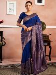MODERN LICHI SILK JACQUARD WORK SAREE WITH UNSTITCHED BLOUSE BLUE