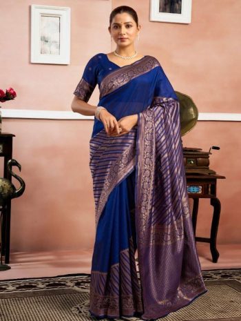 MODERN LICHI SILK JACQUARD WORK SAREE WITH UNSTITCHED BLOUSE BLUE