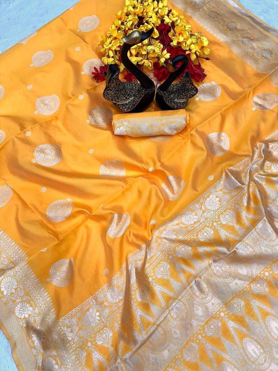 MODERN LICHI SILK ORGANIC BANARASI SAREE WITH UNSTITCHED BLOUSE PARTY WEAR WHOLESALE PRICE ETHNIC GARMENT (12)