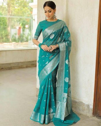 MODERN LICHI SILK ORGANIC BANARASI SAREE WITH UNSTITCHED BLOUSE BLUE