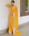 MODERN LICHI SILK ORGANIC BANARASI SAREE WITH UNSTITCHED BLOUSE YELLOW