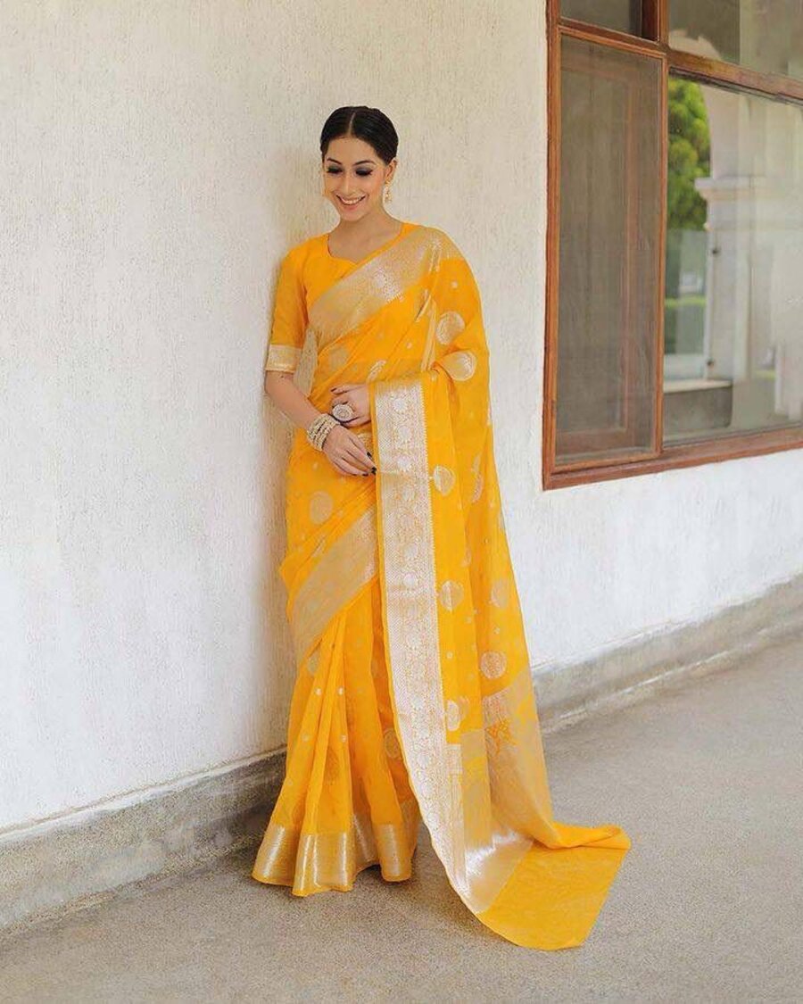 MODERN LICHI SILK ORGANIC BANARASI SAREE WITH UNSTITCHED BLOUSE PARTY WEAR WHOLESALE PRICE ETHNIC GARMENT (19)