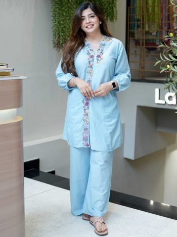 MODERN MAL COTTON EMBROIDERY WORK CO-ORD SET SKY