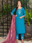 MODERN MARINA SILK MULTI EMBROIDERY THREAD, WITH HAND WORK TOP BOTTOM WITH DUPATTA BLUE