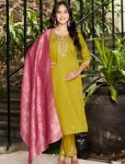 MODERN MARINA SILK MULTI EMBROIDERY THREAD, WITH HAND WORK TOP BOTTOM WITH DUPATTA YELLOW